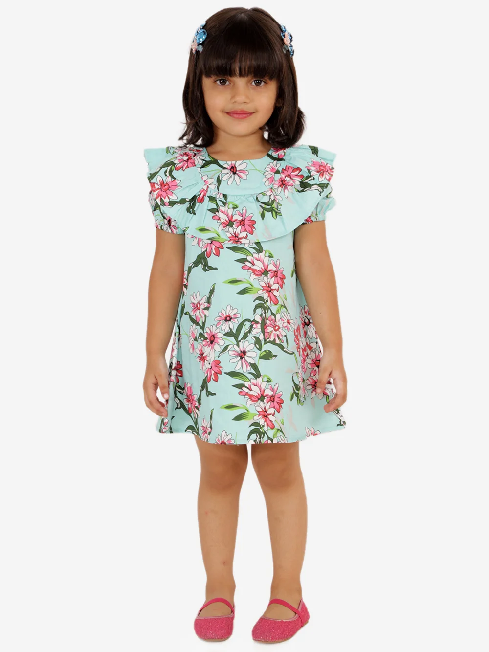 Green Floral Print Puff Sleeve Kids Casual Dress view 2