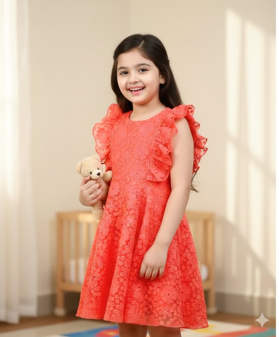 Vibrant Orange Girls’ Embroidered Organza Dress
