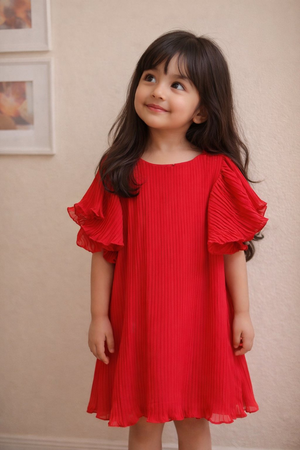Little Girls Elegant Red Flutter Sleeve Dress