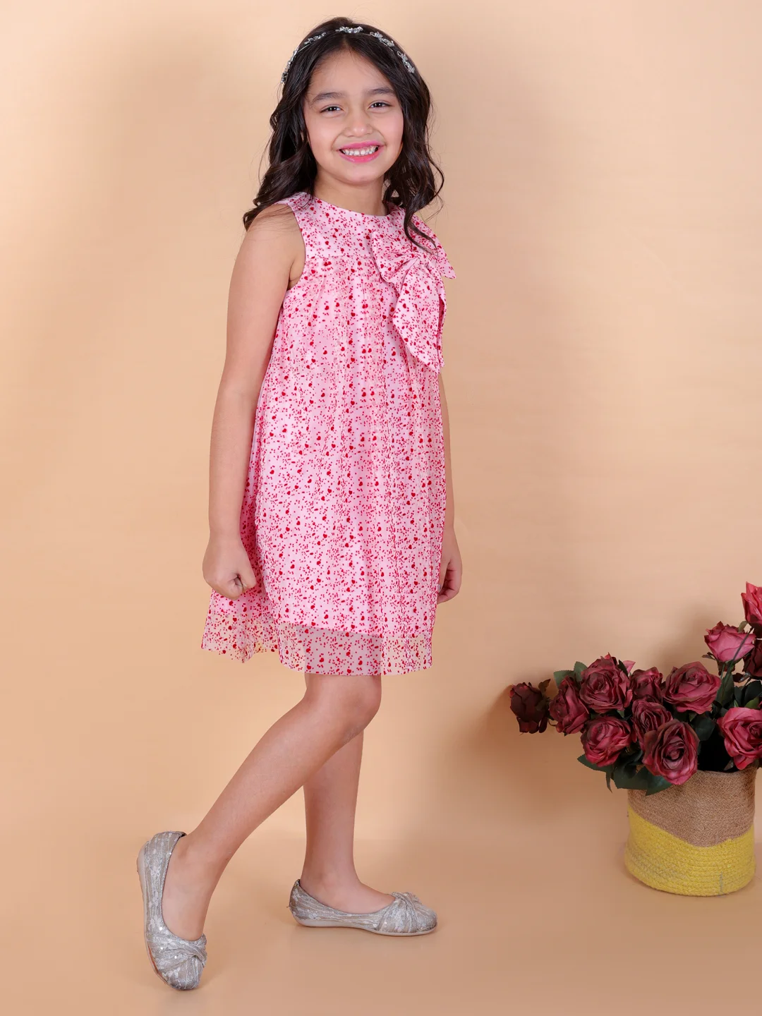 Sleeveless A-Line flocking net with Bow Knee Length Party Dress pink view 3