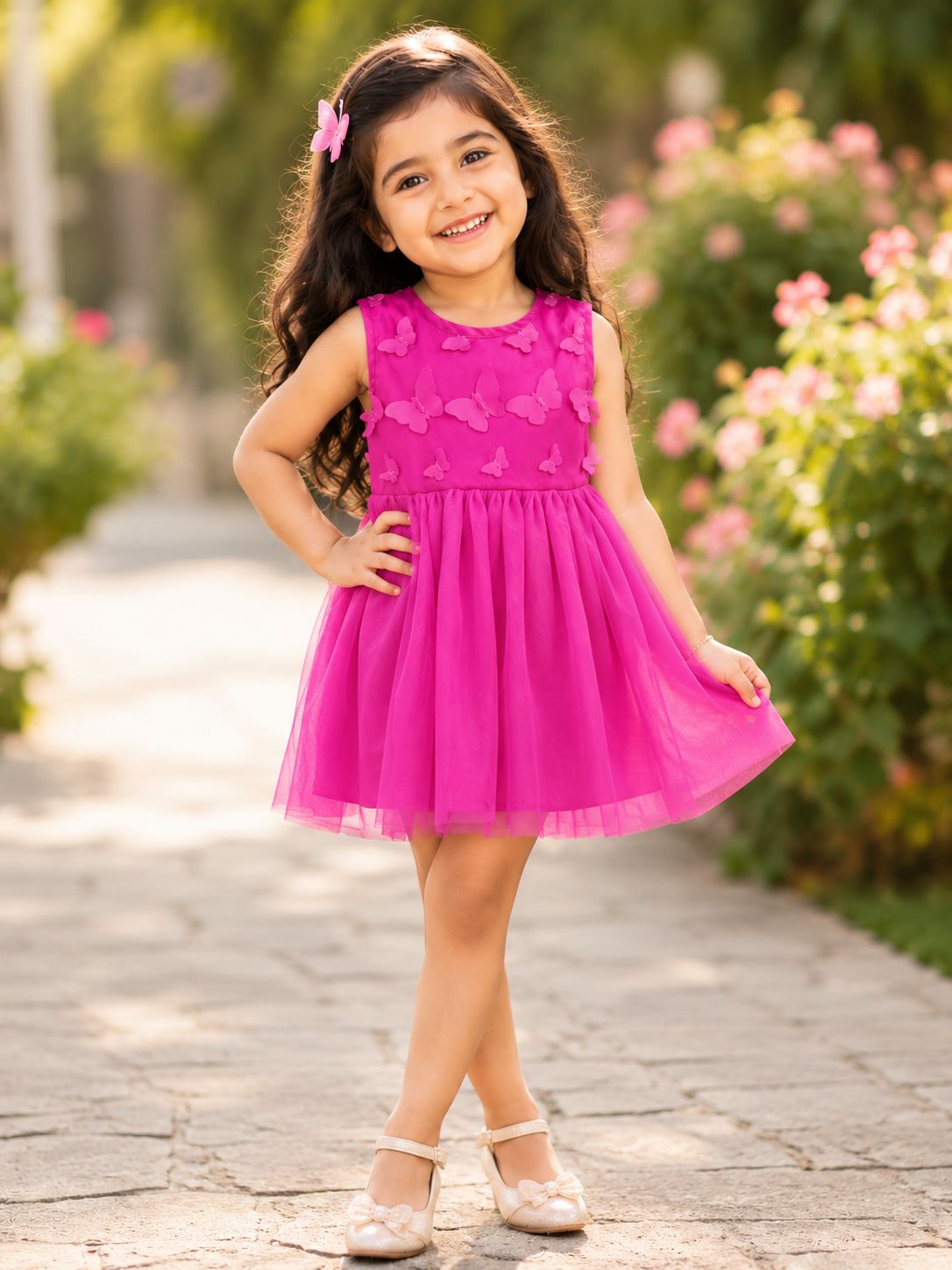Dreamy Pink Butterfly Appliqué Knee-Length Dress