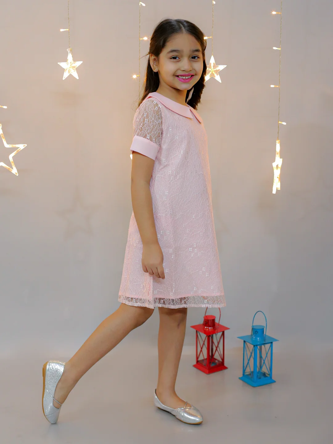 KIDSDEW HALF SLEEVES KNEE LENGTH A-LINE DESIGN NET DRESS WITH PETERPAN COLLAR PEACH view 3