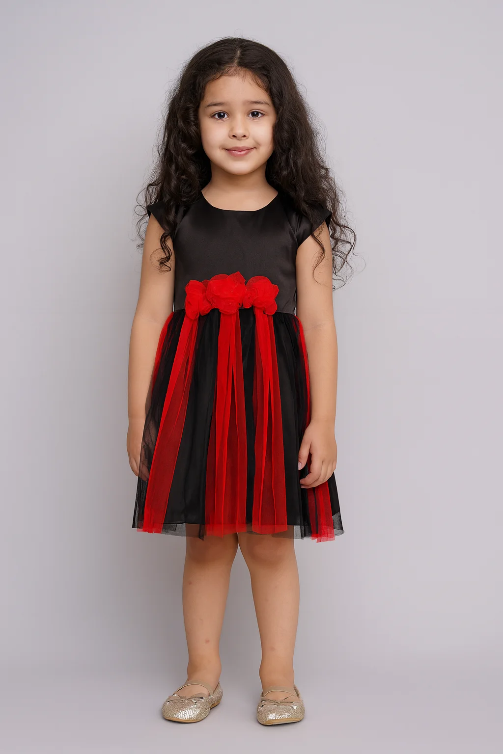 Elegant Black and Red Bouquet Tuil Dress
