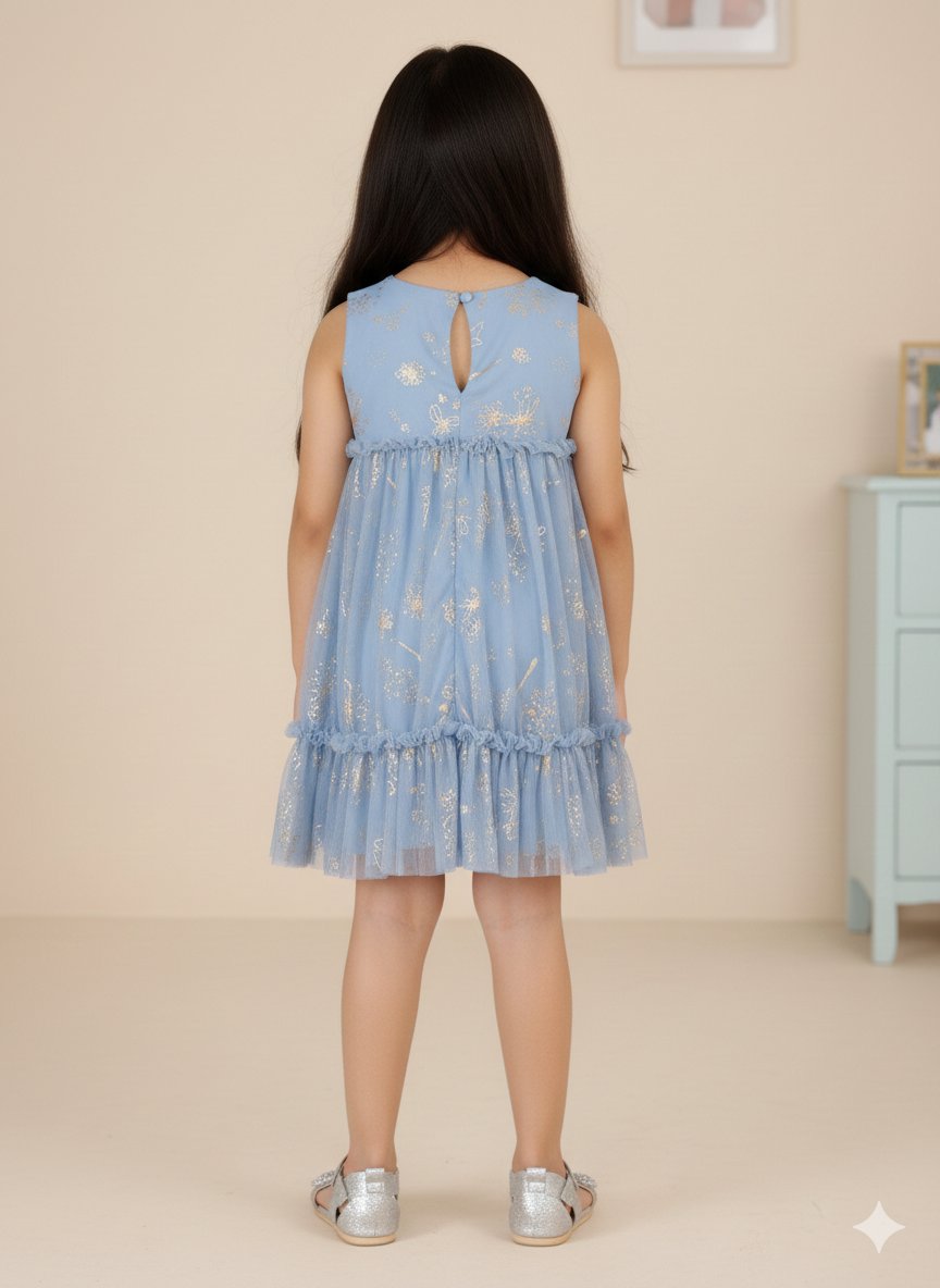 Elegant Blue Glitter Net Pleated Dress view 2