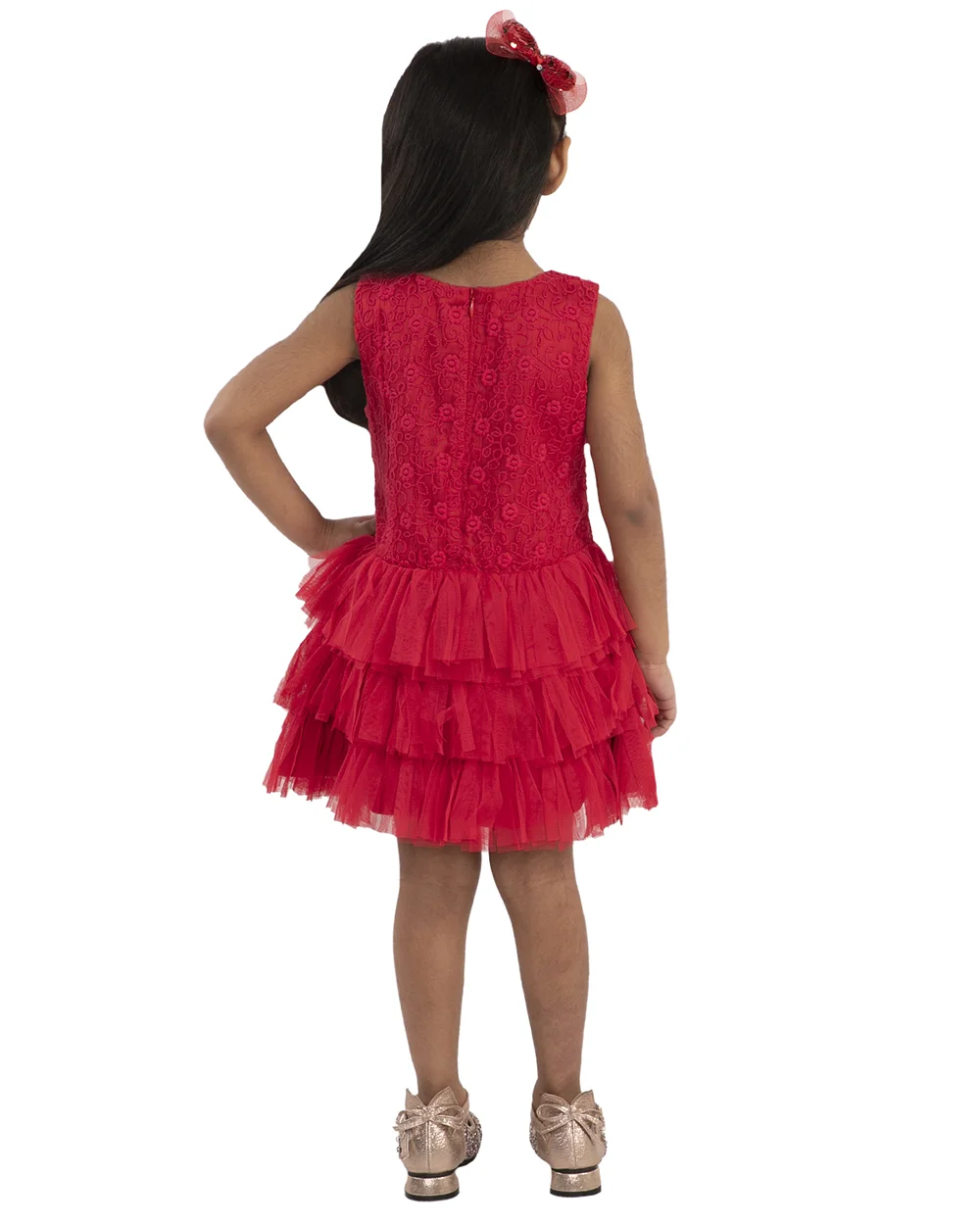 Stunning Red Design Net Fit and Flare Party Dress view 3