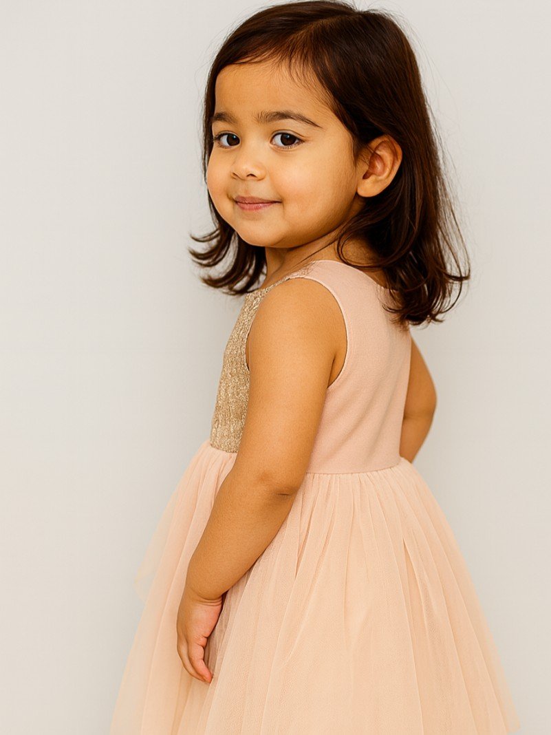Gold Sequin Bodice Peach Tulle Toddler Dress view 3