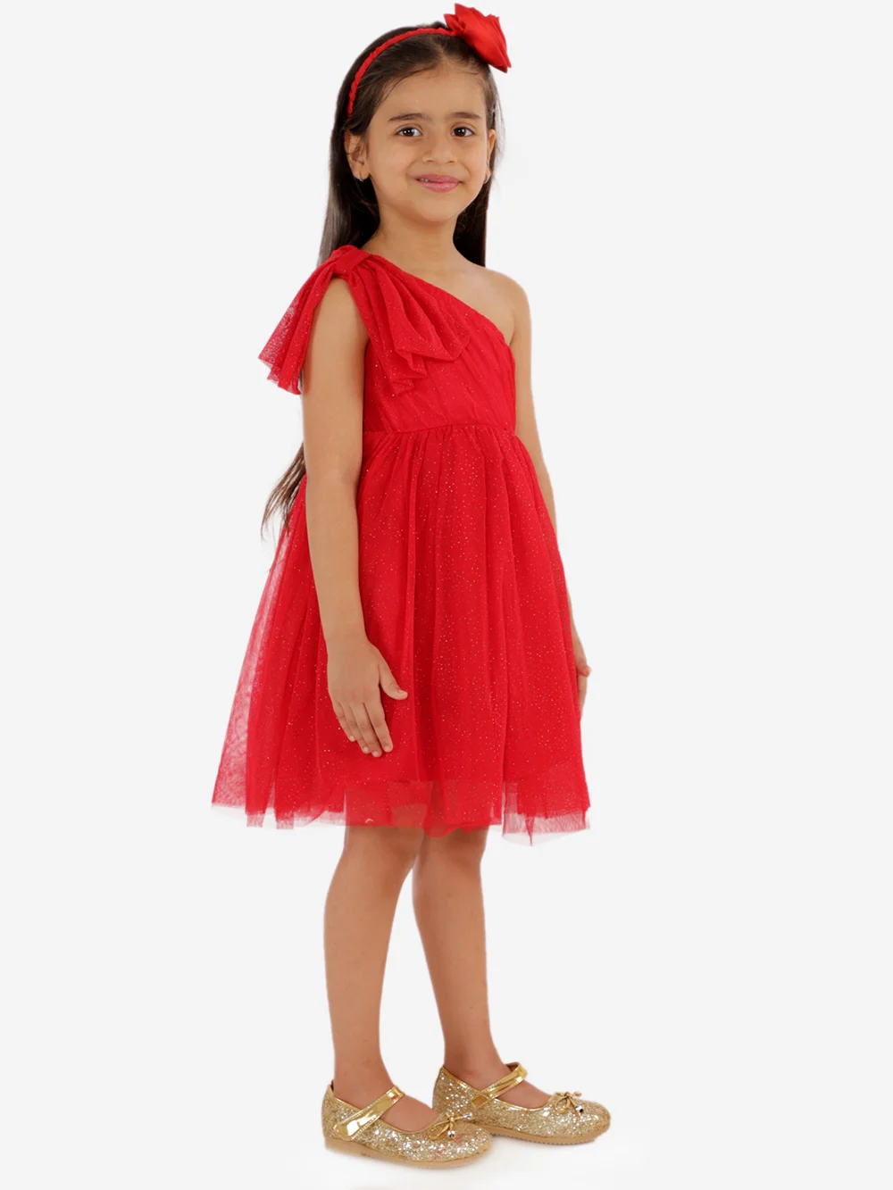 Red Shimmery One Shoulder Party Dress for Kids view 2