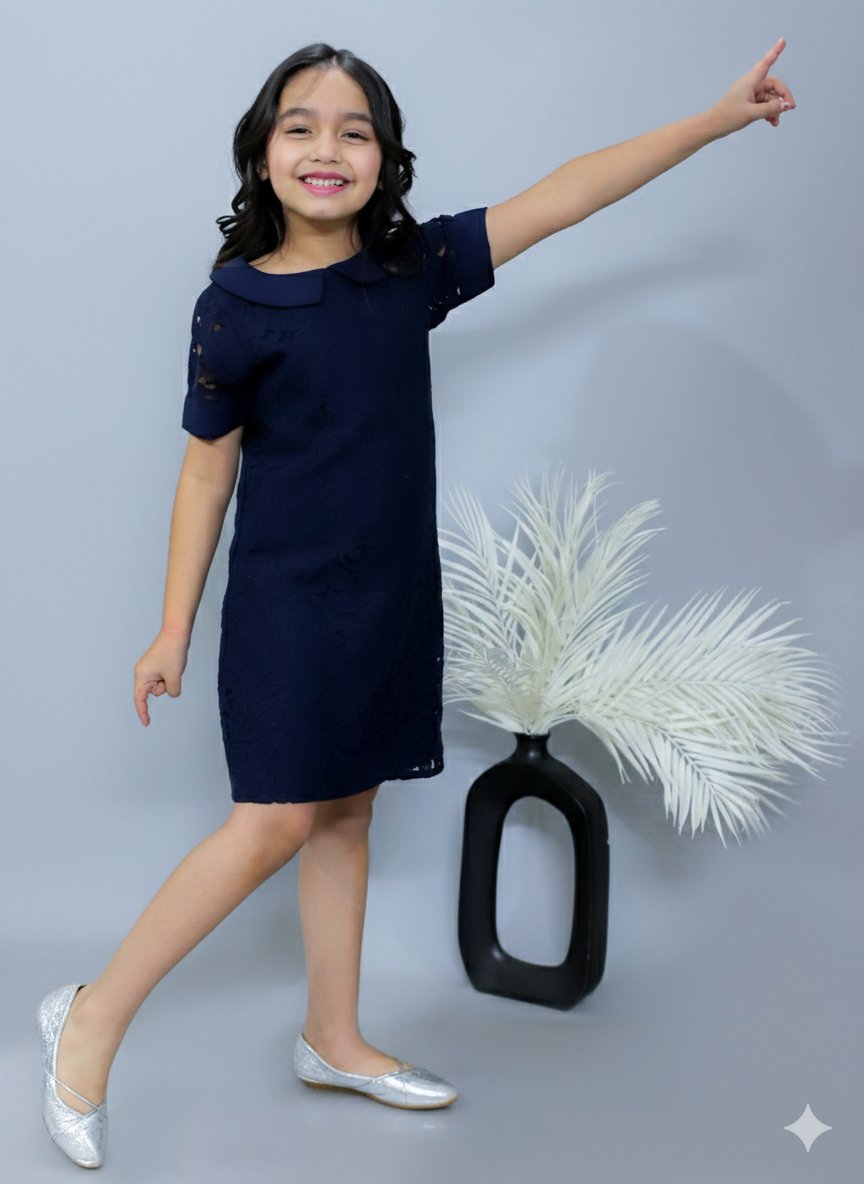 Half Sleeves Knee Length A-Line Design Net Dress With Peterpan Collar Navy