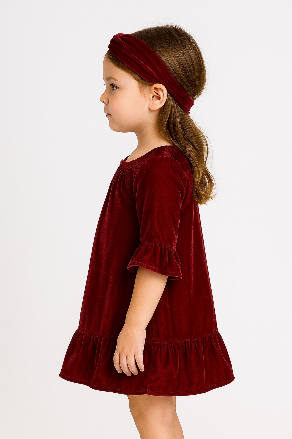 Luxurious Maroon Velvet Full Sleeves A-Line Dress for Girls view 2