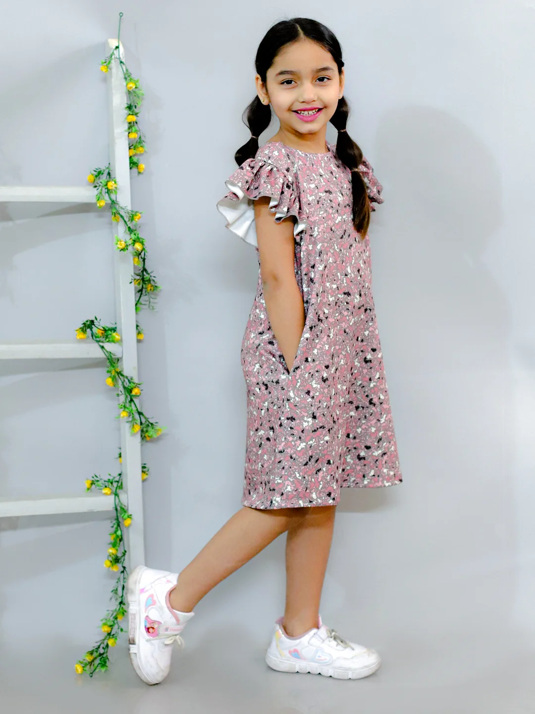 Flared sleeves all over printed A-Line knee length dress comes with concealed pockets brown view 2