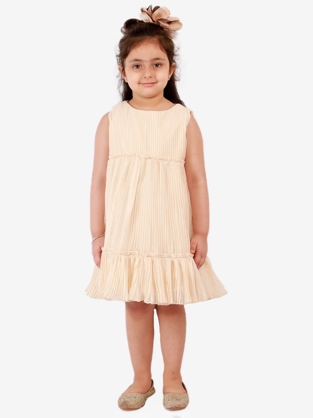 Elegant Beige Girls’ Glitter Net Pleated Dress
