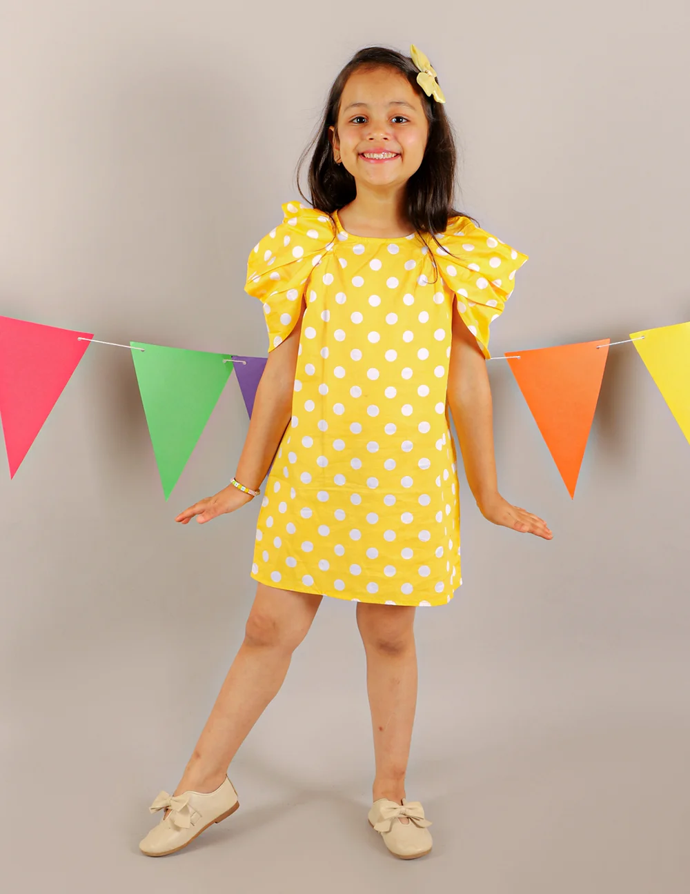 Adorable Yellow Polka Dot Puffed Sleeves A-Line Dress
