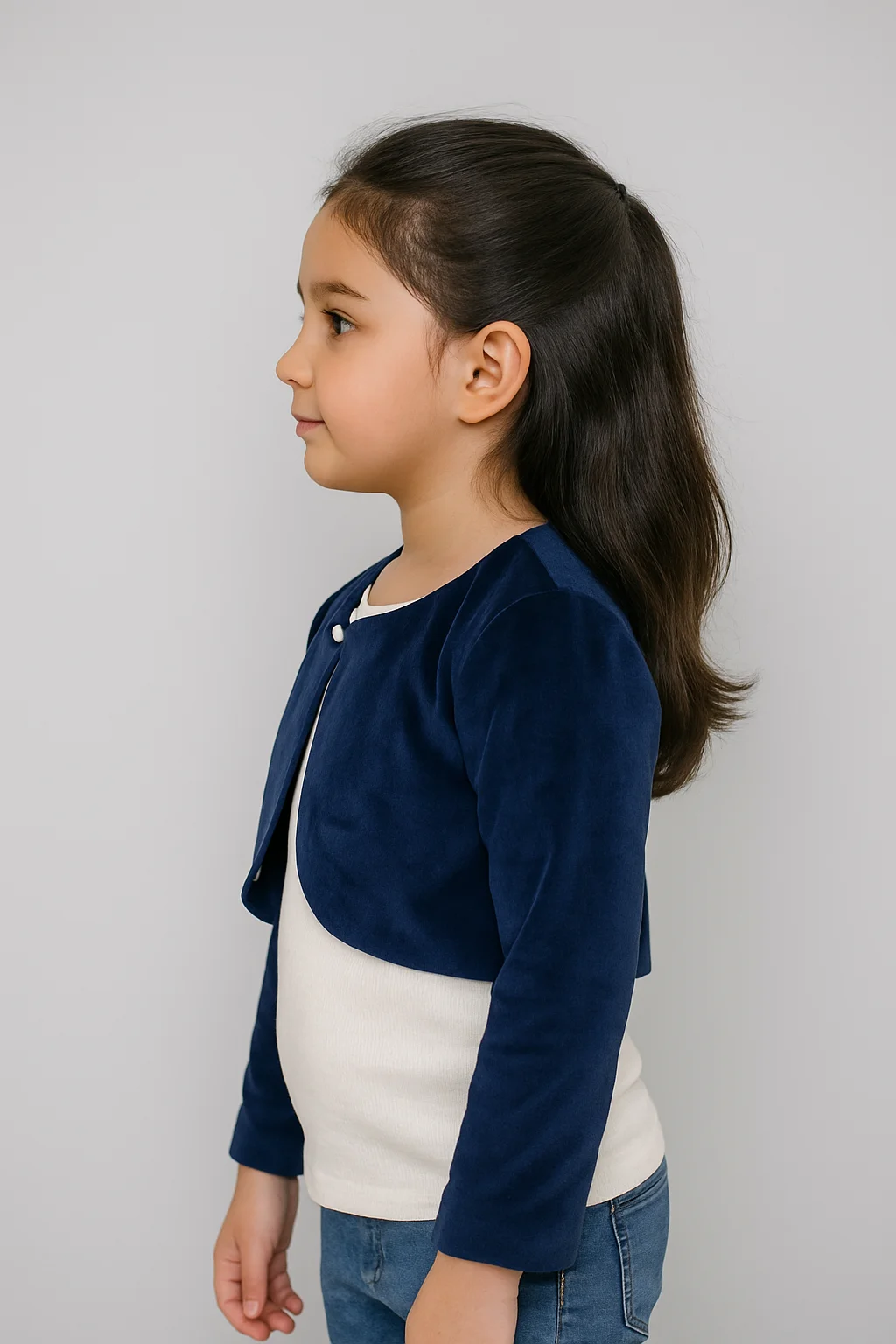 Navy Blue Velour Pearl Button Shrug view 3