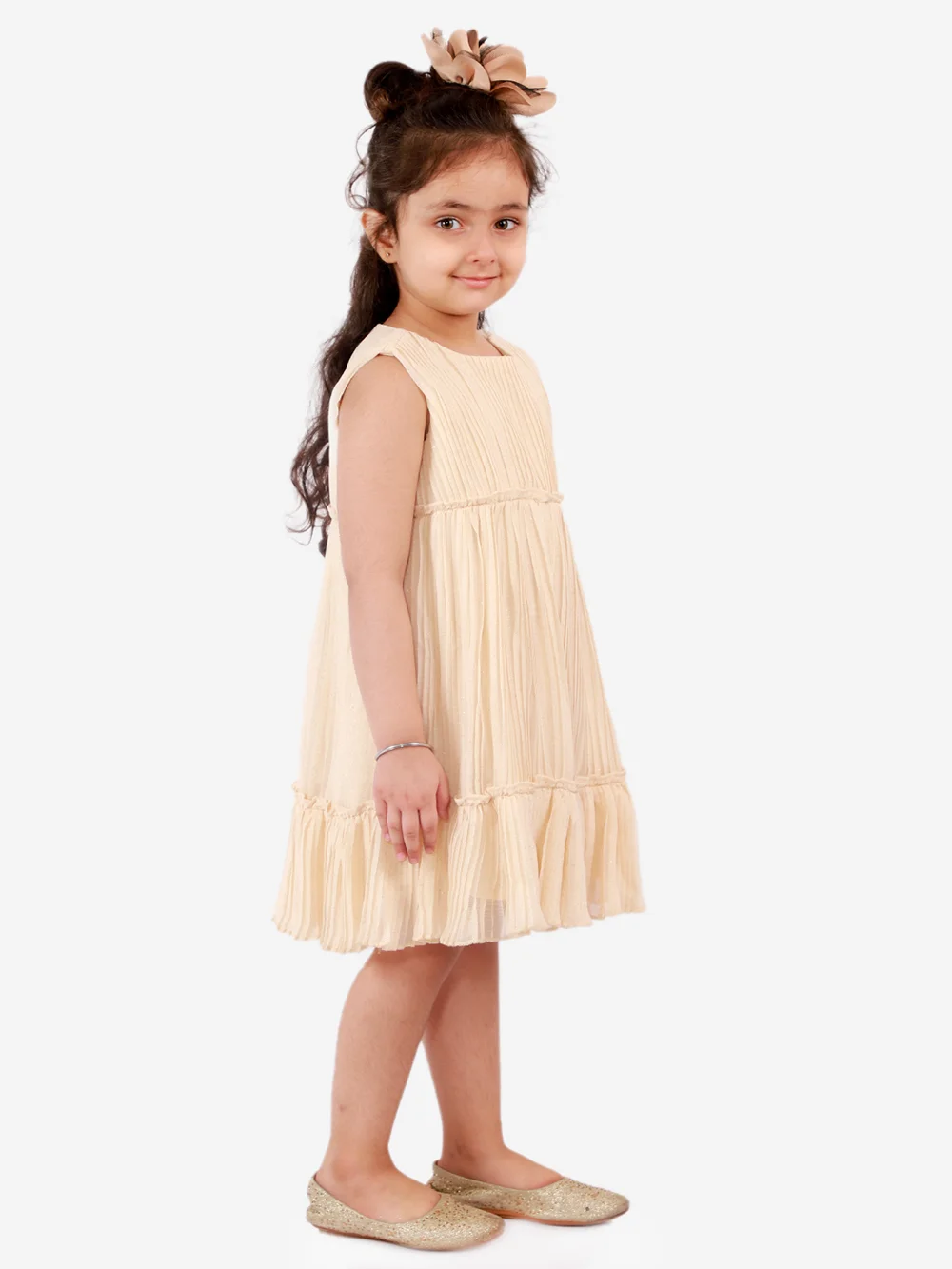 Elegant Beige Girls’ Glitter Net Pleated Dress view 2