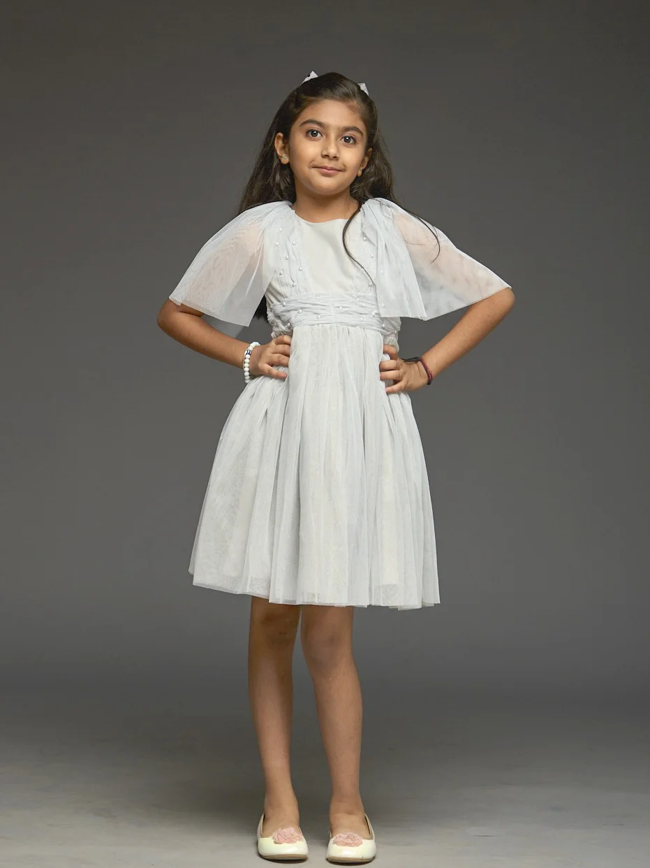 Kidsdew Sleeveless Net Fit and Flare Knee Length Dress Grey