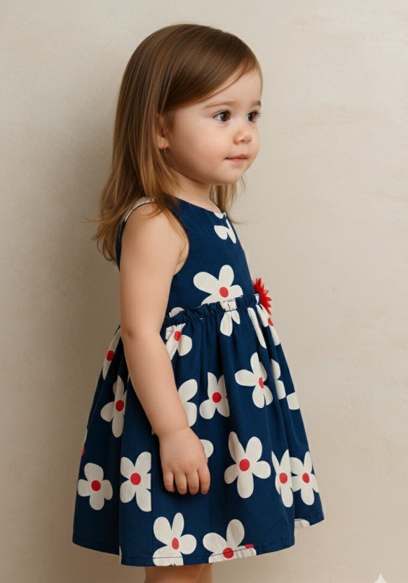 Navy Blue Floral Cotton Dress view 3