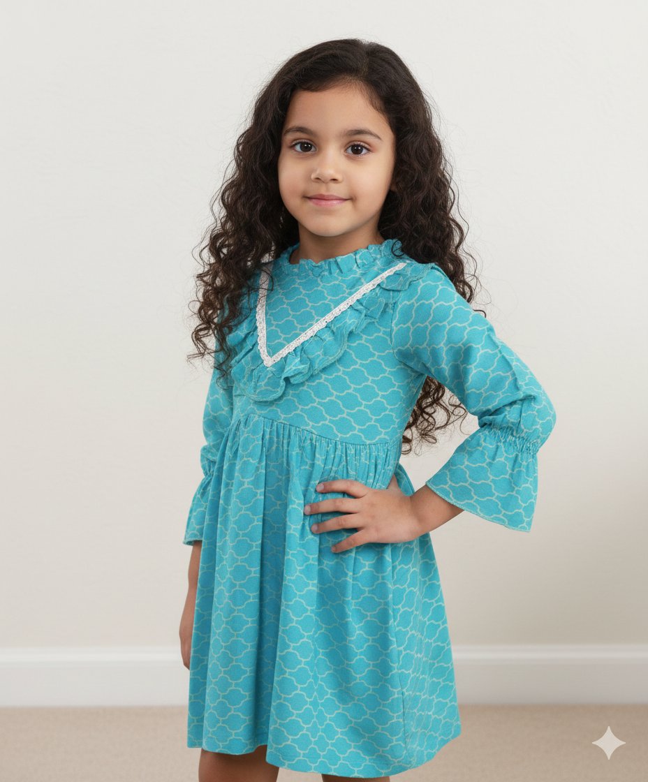 Chic Blue Girls’ Check Printed Dress