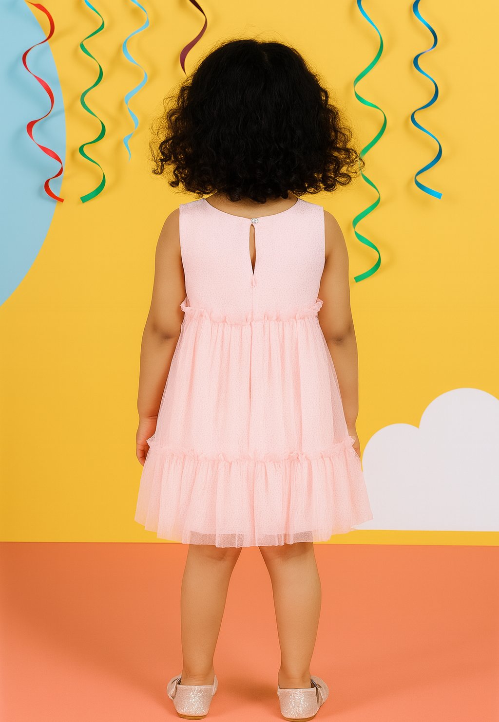 Charming Light Pink Glitter Net Pleated Dress view 2