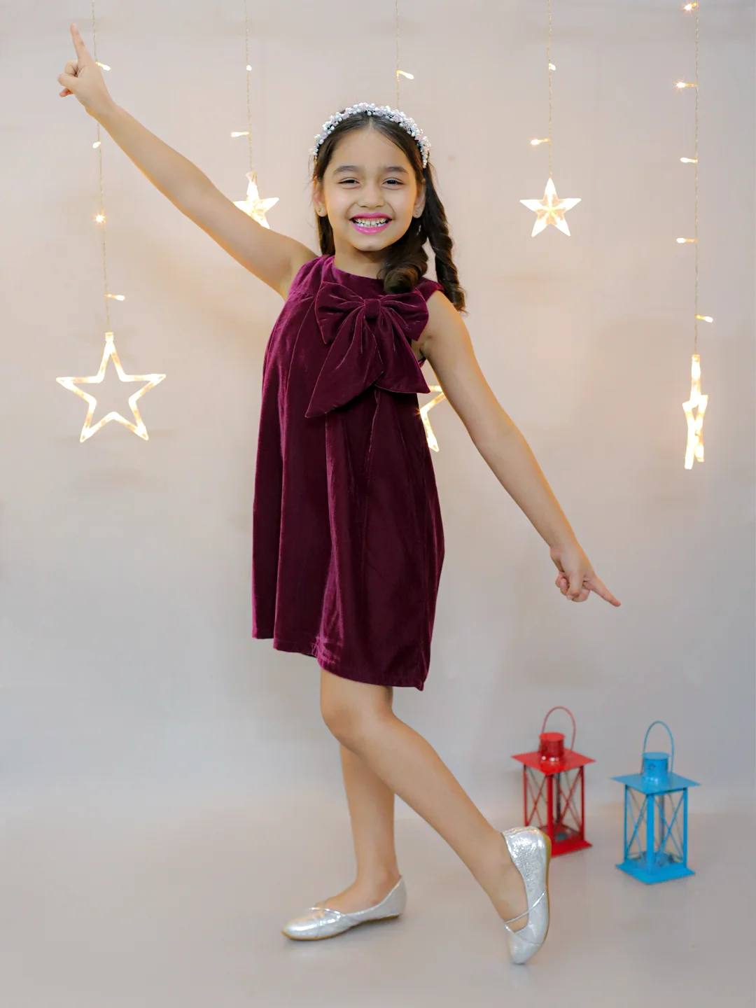 KIDSDEW SLEEVELESS A-LINE VELVET WITH BOW KNEE LENGTH PARTY DRESS WINE