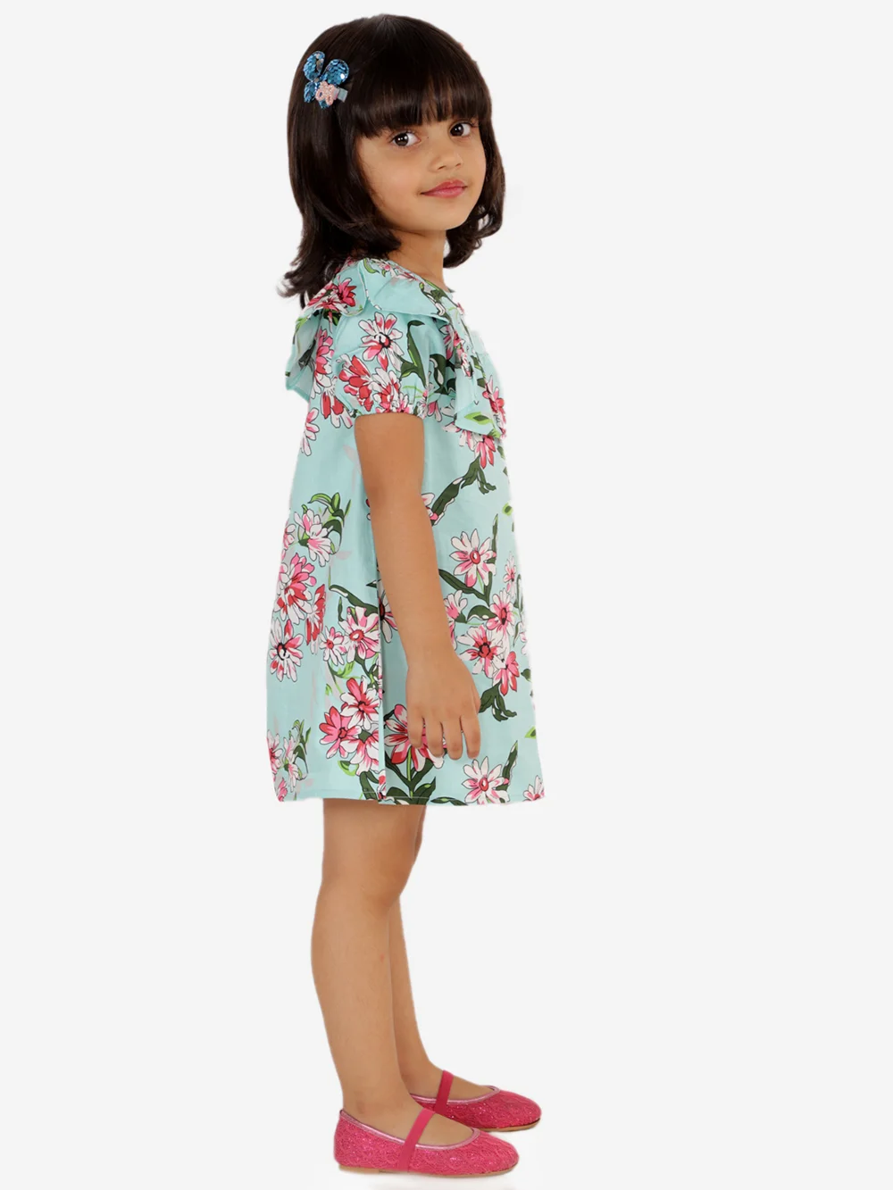 Green Floral Print Puff Sleeve Kids Casual Dress view 4