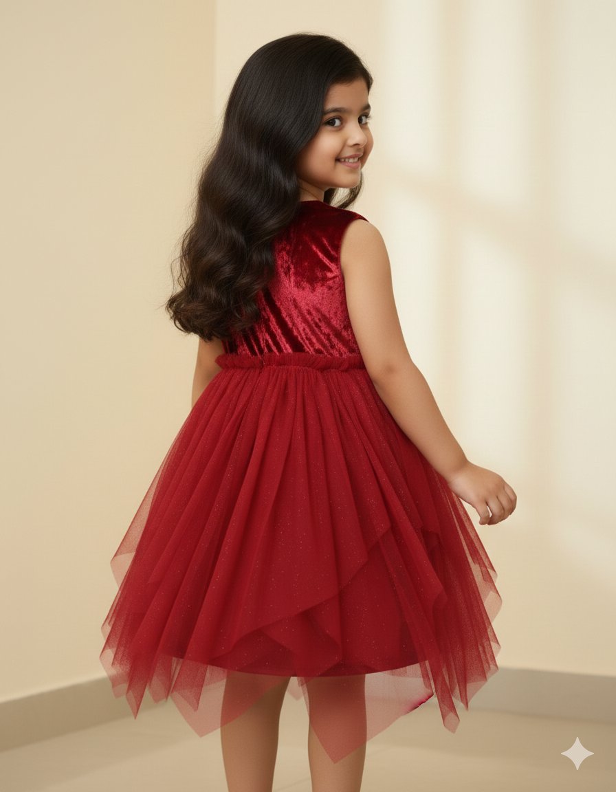 Elegant Maroon Velvet and Glitter Net Party Dress view 2