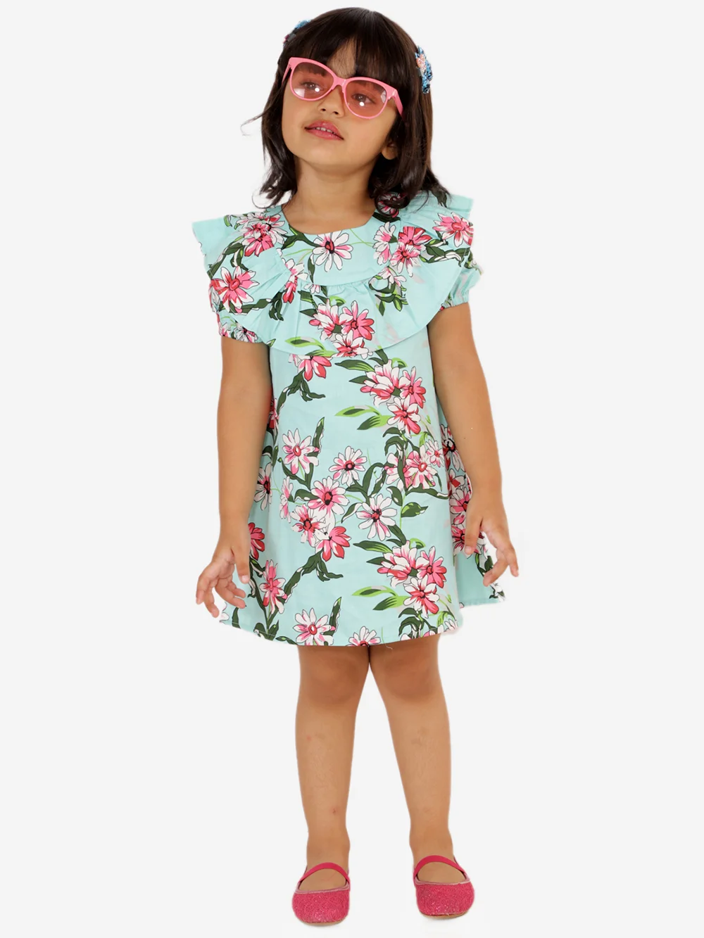 Green Floral Print Puff Sleeve Kids Casual Dress