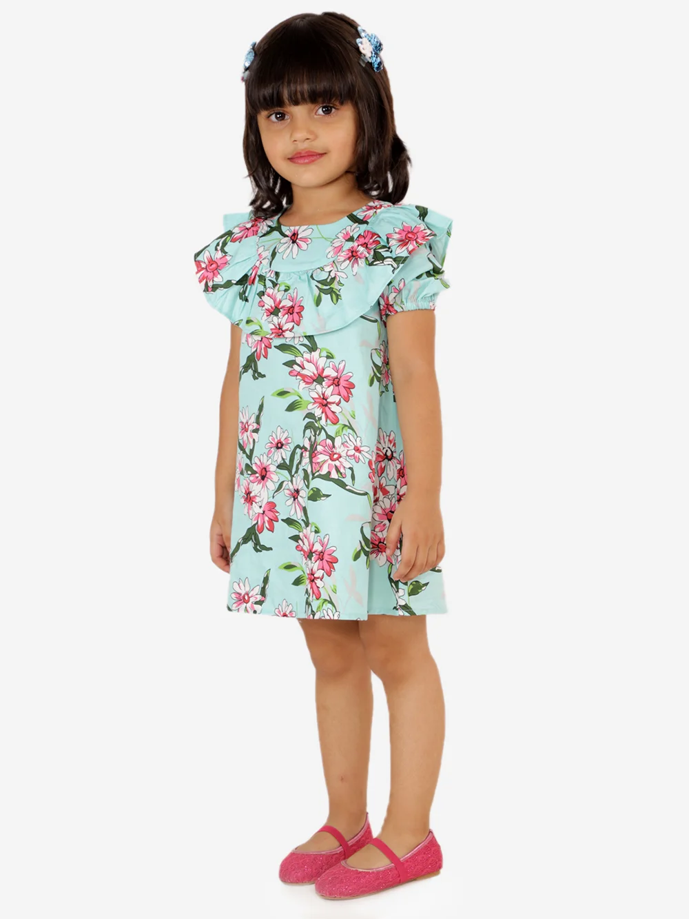 Green Floral Print Puff Sleeve Kids Casual Dress view 3