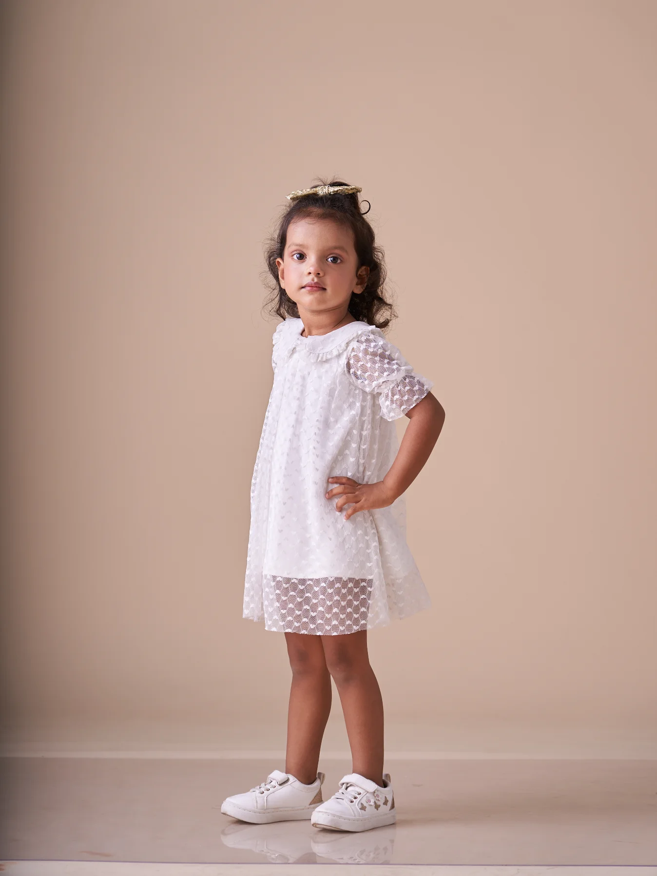 Dobby Net Half Sleeves A-Line Above Knee Length Dress with Collar White view 3