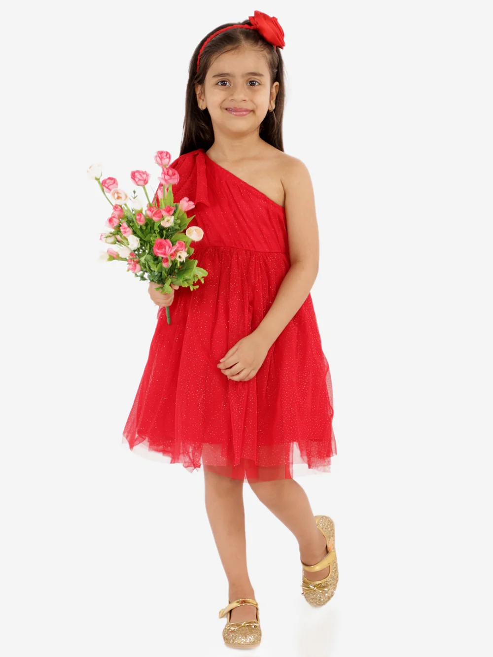 Red Shimmery One Shoulder Party Dress for Kids