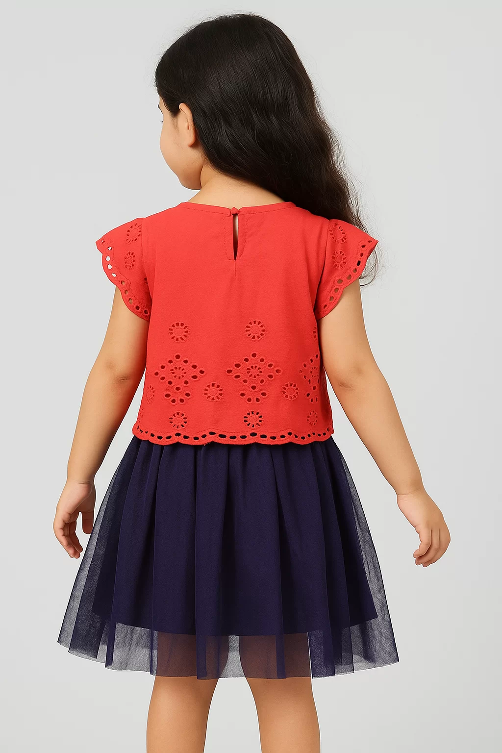 Timeless Elegance: Red & Blue Schiffli Cotton Dress view 2
