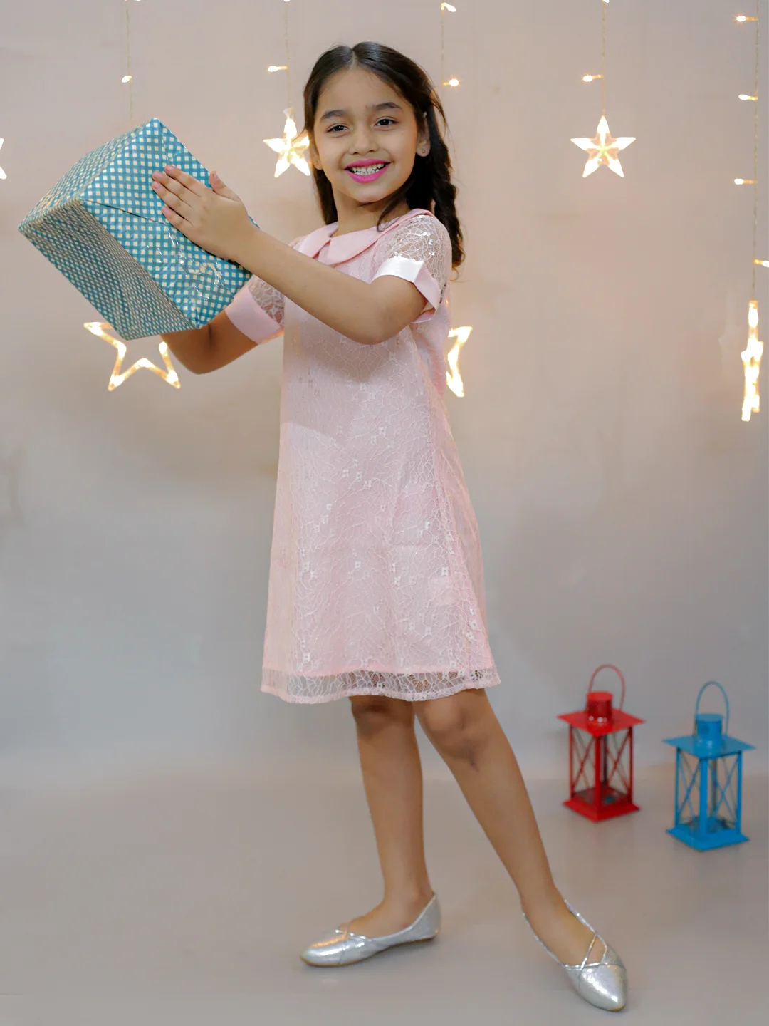 KIDSDEW HALF SLEEVES KNEE LENGTH A-LINE DESIGN NET DRESS WITH PETERPAN COLLAR PEACH