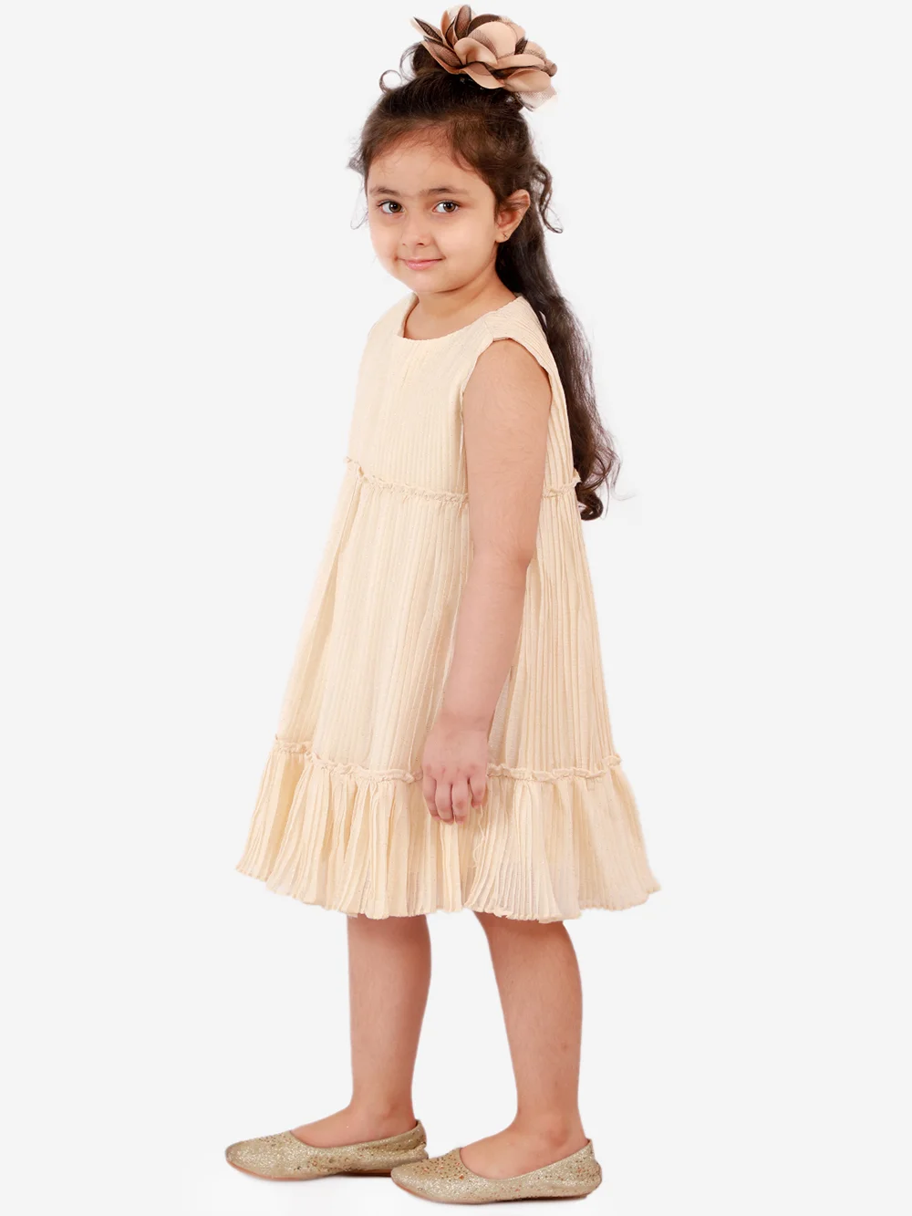 Elegant Beige Girls’ Glitter Net Pleated Dress view 3