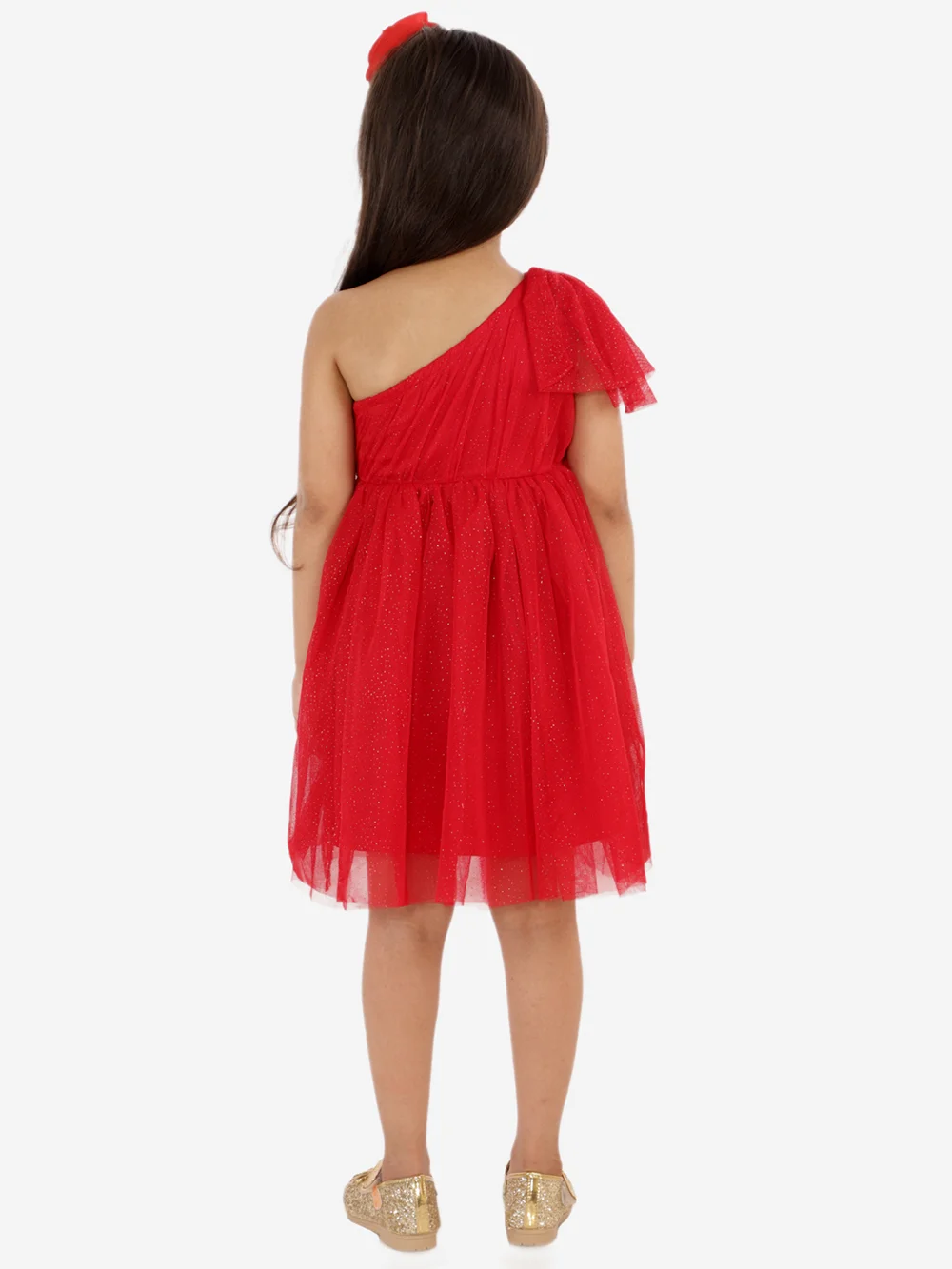 Red Shimmery One Shoulder Party Dress for Kids view 4
