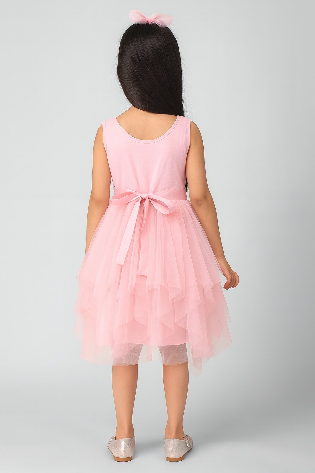 Charming Pink Sequenced Pleated Net Dress view 2