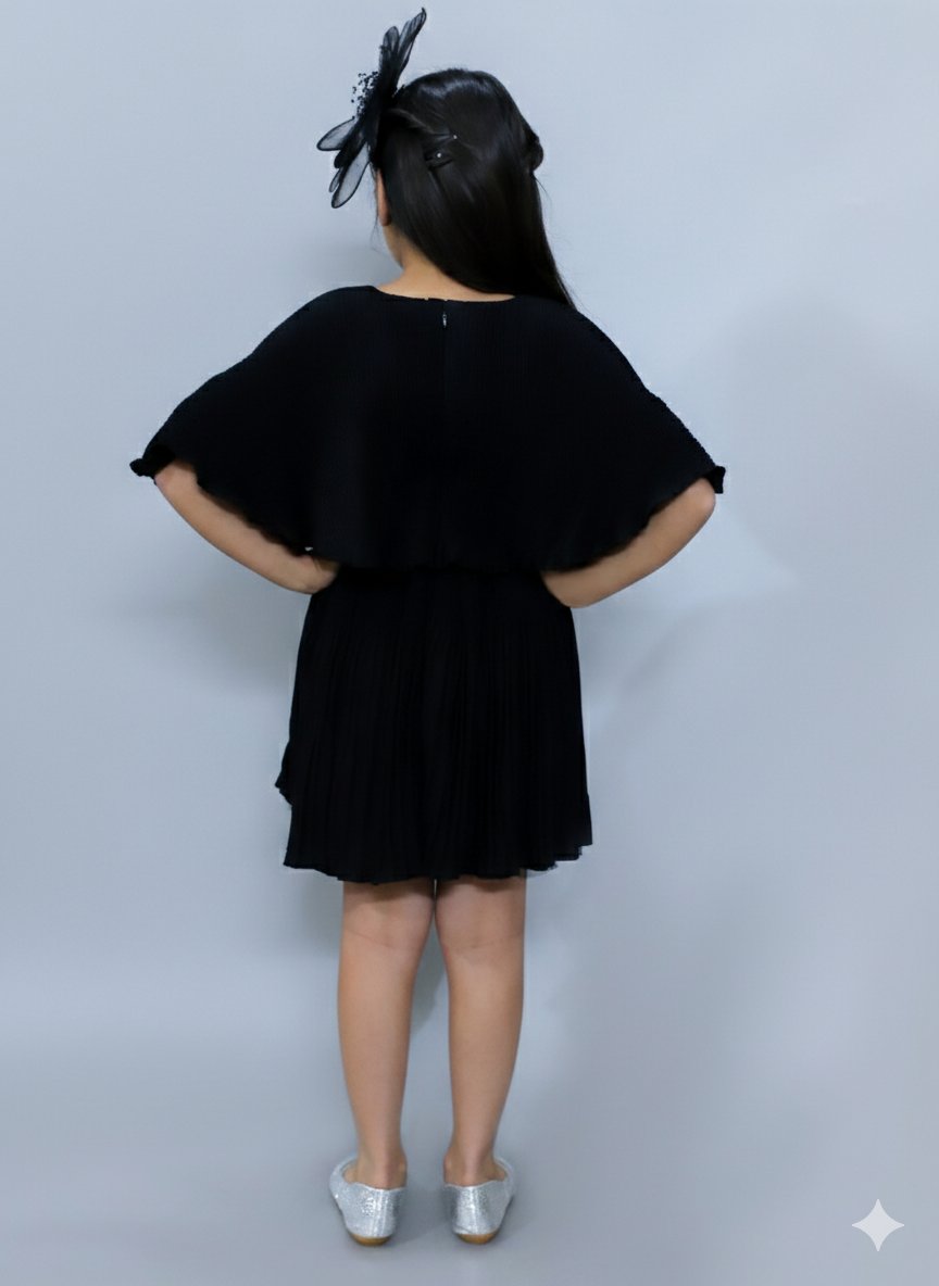 KidsDew double pleated layered cape Fit and flare knee length casual dress black view 2