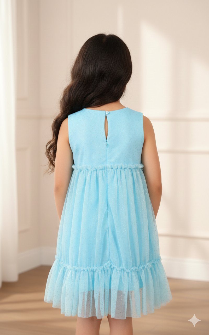 Elegant Sky Blue Glitter Net Pleated Dress view 2