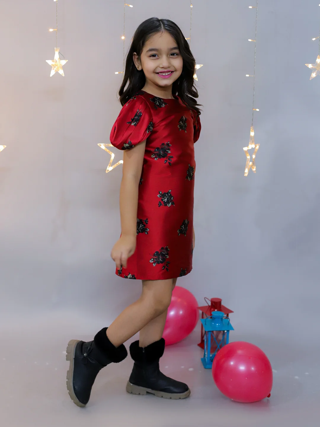 KIDSDEW PUFF SLEEVES A-LINE KNEE LENGTH JACQUARD DRESS RED view 4